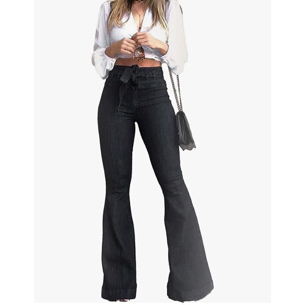 NEW High Waisted Bell Bottom Jean Denim Wide Leg Belted XL Long